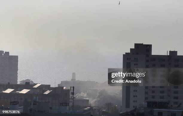 Smoke rises after Israeli fighter jets pounded a building in Al Katiba region in Gaza City, Gaza on July 14, 2018.