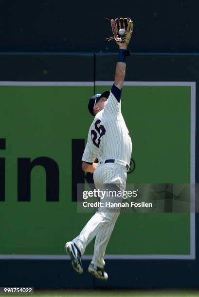 Max Kepler of the Minnesota Twins makes a catch in right field of the ball hit by Matt Duffy of the Tampa Bay Rays during the first inning of the...