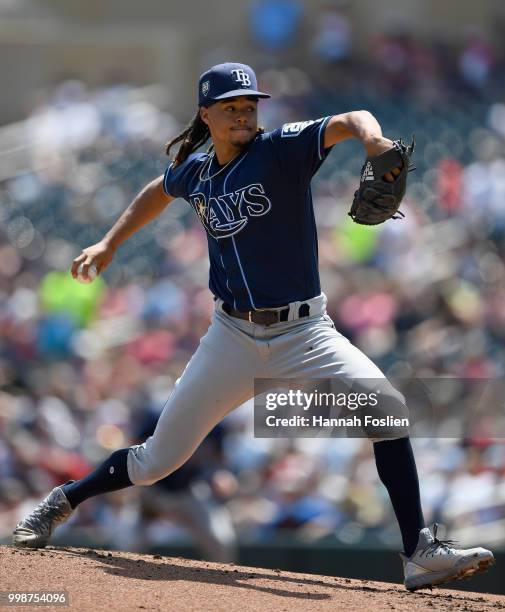 Chris Archer of the Tampa Bay Rays delivers a pitch against the Minnesota Twins during the first inning of the game on July 14, 2018 at Target Field...