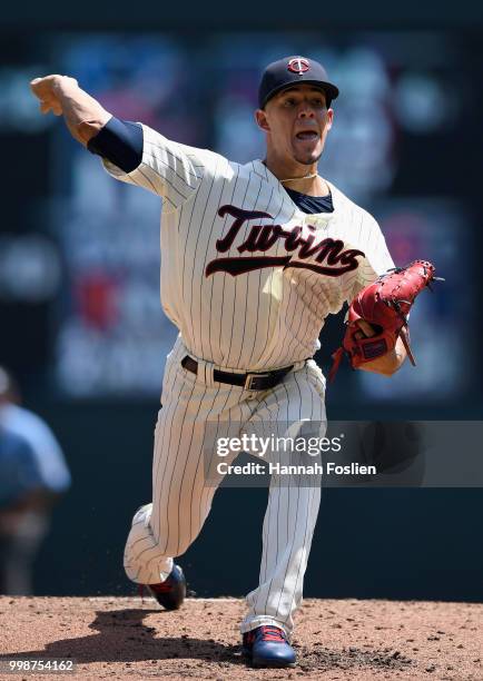 Jose Berrios of the Minnesota Twins delivers a pitch against the Tampa Bay Rays during the second inning of the game on July 14, 2018 at Target Field...