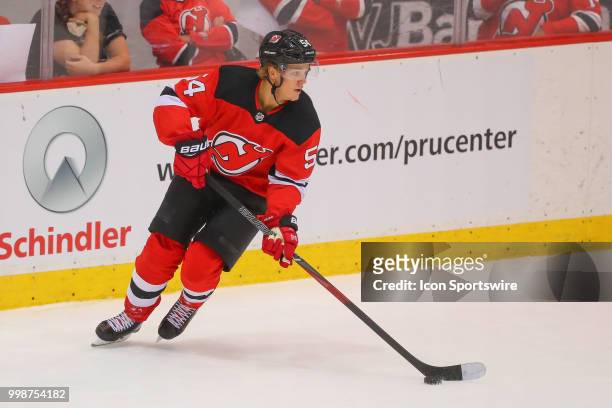 New Jersey Devils forward Jesper Boqvist skates during the New Jersey Devils Development Camp on July 14, 2018 at the Prudential Center in Newark, NJ.