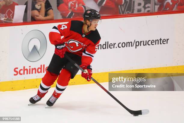 New Jersey Devils forward Jesper Boqvist skates during the New Jersey Devils Development Camp on July 14, 2018 at the Prudential Center in Newark, NJ.