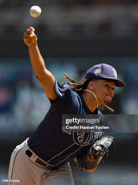 Chris Archer of the Tampa Bay Rays delivers a pitch against the Minnesota Twins during the second inning of the game on July 14, 2018 at Target Field...