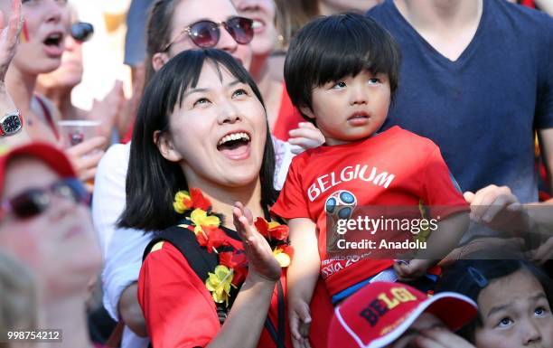 Fans of Belgium gather for a public viewing event to watch the 2018 FIFA World Cup Russia Play-Off for Third Place between Belgium and England in...