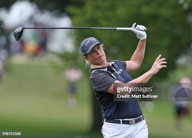 Jacqui Concolino hits her tee shot on the third hole during the third round of the Marathon Classic Presented By Owens Corning And O-I at Highland...