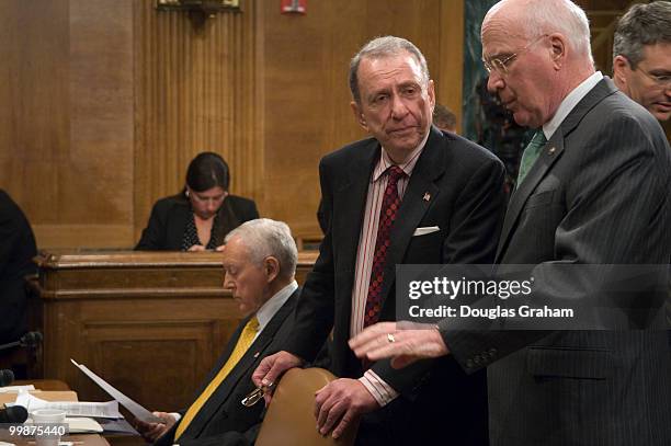 Arlen Specter, R-PA., and Patrick Leahy, D-VT., talk before the start of the Senate Judiciary Committee full committee markup to vote on the...