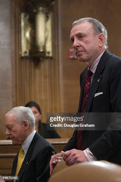 Orrin Hatch, R-UT., and Arlen Specter,R-PA., during the Senate Judiciary Committee full committee markup to vote on the nomination of Michael Mukasey...
