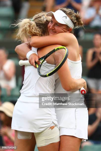 Barbora Krejcikova and Katerina Siniakova of Czech Republic celebrate their victory against Nicole Melichar of The United States and Kveta Peschke of...