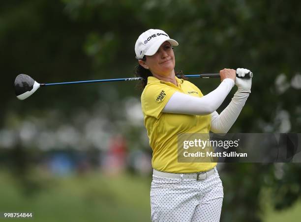 Mo Martin watches her tee shot on the third hole during the third round of the Marathon Classic Presented By Owens Corning And O-I at Highland...