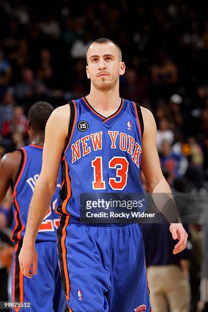 Sergio Rodriguez of the New York Knicks looks on during the game against the Golden State Warriors at Oracle Arena on April 2, 2010 in Oakland,...