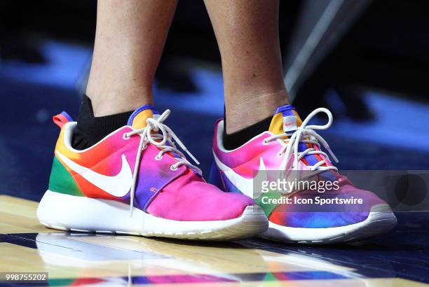 General view of Basketball Analyst Rebo Lobo sneakers in support of Gay Pride Night during a WNBA game between Phoenix Mercury and Connecticut Sun on...
