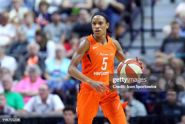 Connecticut Sun guard Jasmine Thomas with the ball during a WNBA game between Phoenix Mercury and Connecticut Sun on July 13 at Mohegan Sun Arena in...