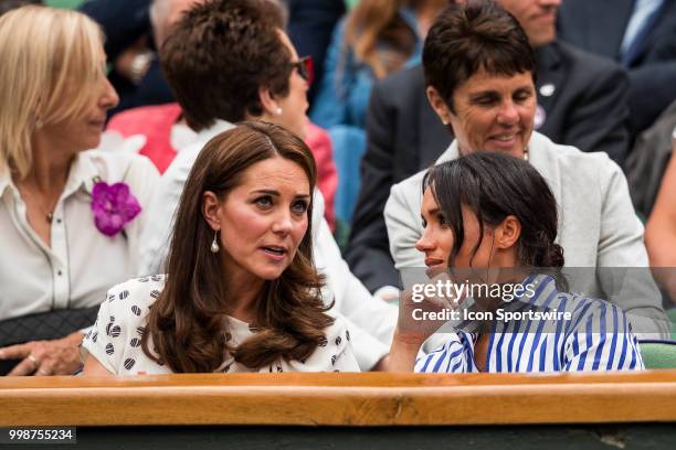 Duchess of Cambridge and MEGHAN Duchess of Sussex attend day twelve match of the 2018 Wimbledon on July 14 at All England Lawn Tennis and Croquet...