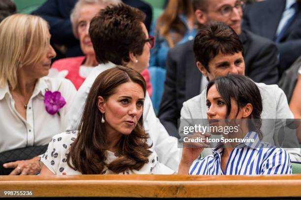 Duchess of Cambridge and MEGHAN Duchess of Sussex attend day twelve match of the 2018 Wimbledon on July 14 at All England Lawn Tennis and Croquet...