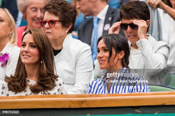 Duchess of Cambridge and MEGHAN Duchess of Sussex attend day twelve match of the 2018 Wimbledon on July 14 at All England Lawn Tennis and Croquet...