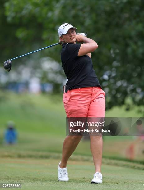 Angela Stanford watches her tee shot on the third hole during the third round of the Marathon Classic Presented By Owens Corning And O-I at Highland...