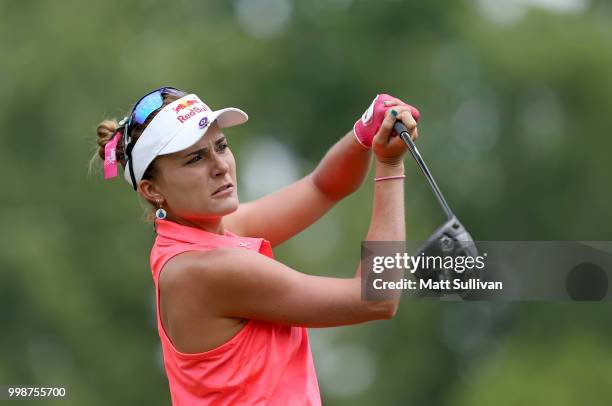 Lexi Thompson watches her tee shot on the third hole during the third round of the Marathon Classic Presented By Owens Corning And O-I at Highland...