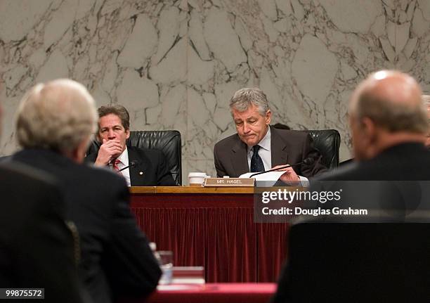 Norm Coleman, R-MN, and Chuck Hagel, R-NE, listen to Joseph Lieberman, R-CT, during the Senate Foreign Relations Committee Full committee hearing on...