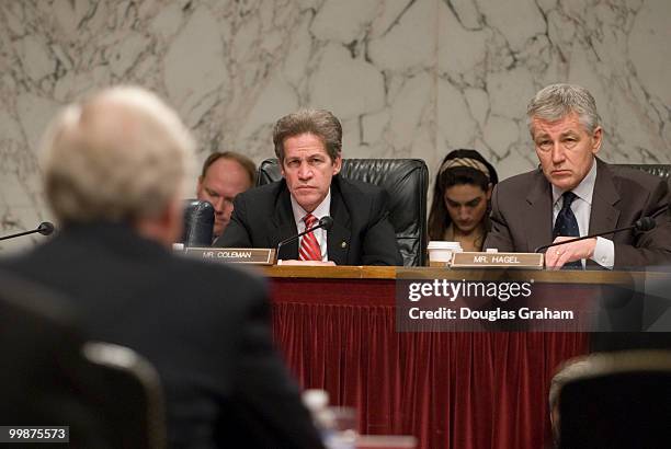 Norm Coleman, R-MN, and Chuck Hagel, R-NE, listen to Joseph Lieberman, R-CT, during the Senate Foreign Relations Committee Full committee hearing on...