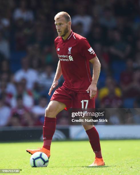 Ragnar Klavan of Liverpool controls the ball during a pre-season friendly match between Bury and Liverpool at Gigg Lane on July 14, 2018 in Bury,...