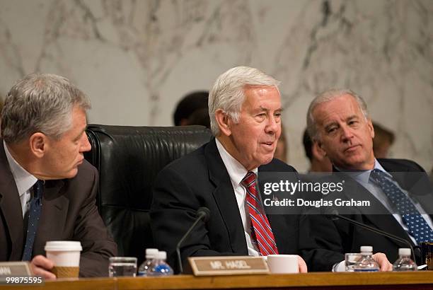Chuck Hagel, R-NE, Richard Lugar, R-IN, and Chairman Joseph Biden, D-DE, during the Senate Foreign Relations Committee Full committee hearing on the...