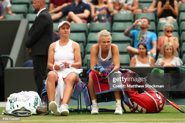 Barbora Krejcikova and Katerina Siniakova of Czech Republic during a break in their Ladies' Doubles final against Nicole Melichar of The United...