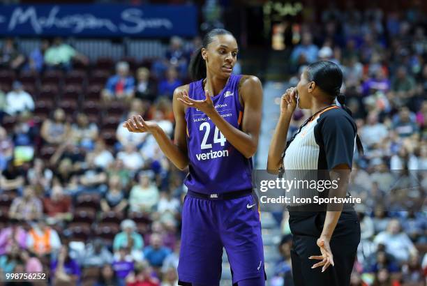 Phoenix Mercury forward DeWanna Bonner speaks with referee Janetta Graham during a WNBA game between Phoenix Mercury and Connecticut Sun on July 13...