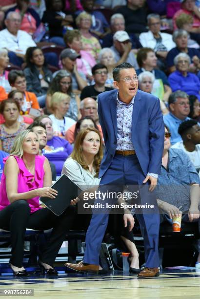 Connecticut Sun head coach Curt Miller reacts during a WNBA game between Phoenix Mercury and Connecticut Sun on July 13 at Mohegan Sun Arena in...