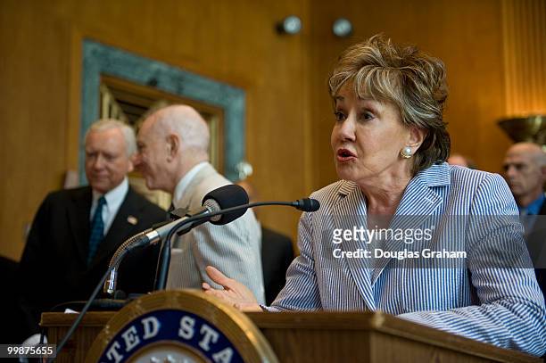 Sen. Orrin Hatch, R-UT., Senate Judiciary Committee Ranking Republican Sen. Arlen Specter, R-Pa.; and Sen. Elizabeth Dole, R-N.C.; during a news...