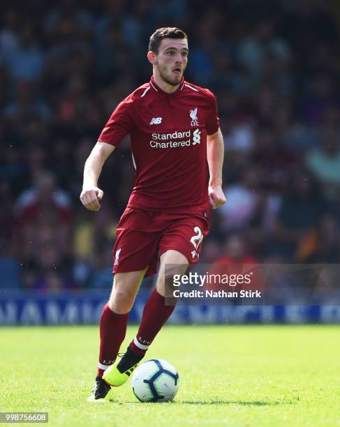 Andrew Robertson of Liverpool controls the ball during a pre-season friendly match between Bury and Liverpool at Gigg Lane on July 14, 2018 in Bury,...
