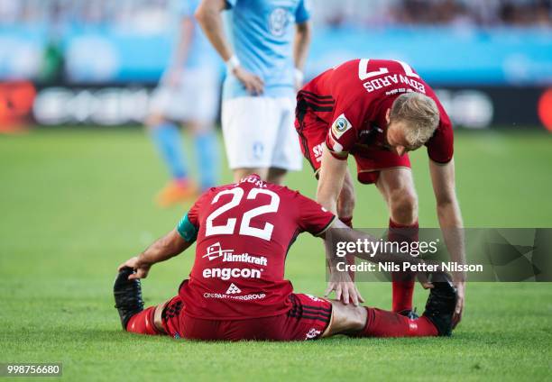 Brwa Nouri of Ostersunds FK in pain during the Allsvenskan match between Malmo FF and Ostersunds FK at Malmo Stadion on July 14, 2018 in Malmo,...