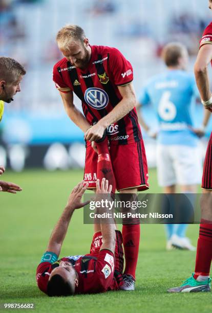 Brwa Nouri of Ostersunds FK in pain during the Allsvenskan match between Malmo FF and Ostersunds FK at Malmo Stadion on July 14, 2018 in Malmo,...