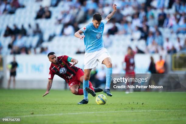 Brwa Nouri of Ostersunds FK and Alexander Jeremejeff of Malmo FF competes for the ball during the Allsvenskan match between Malmo FF and Ostersunds...