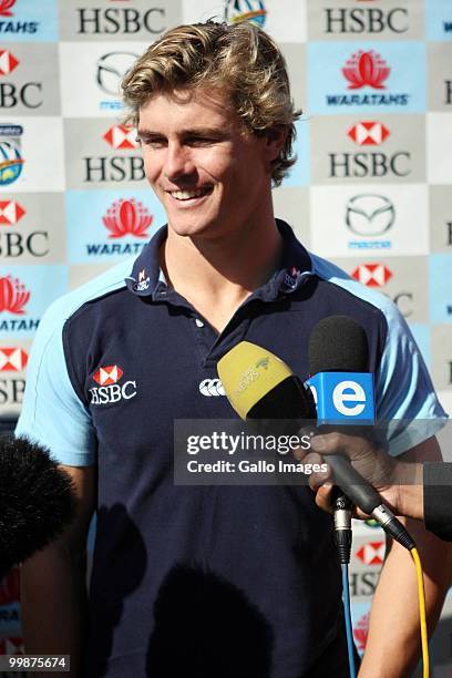 Berrick Barnes chats to the media during the Waratahs media session at Beverly Hills Hotel on May 18, 2010 in Durban, South Africa.
