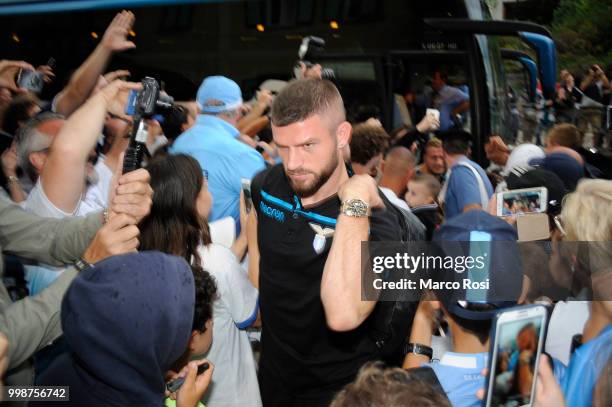 Valon Berisha of SS Lazio arrives in Auronzo Di Cadore for pre-season training camp on July 14, 2018 in Auronzo di Cadore nearBelluno, Italy.