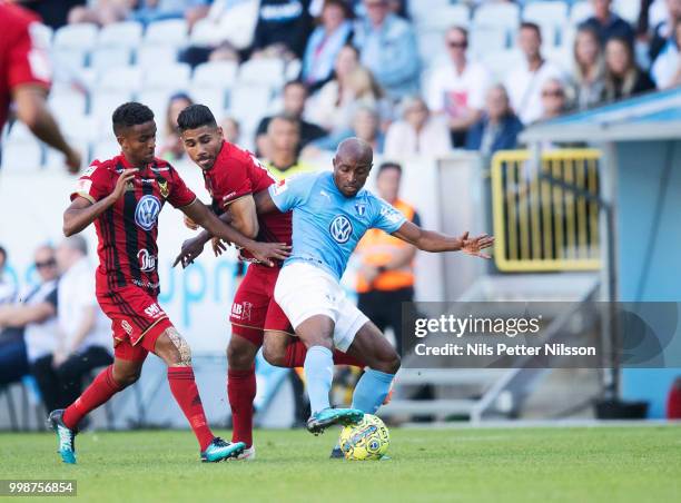 Hosam Aiesh of Ostersunds FK and Fouad Bachirou of Malmo FF competes for the ball during the Allsvenskan match between Malmo FF and Ostersunds FK at...