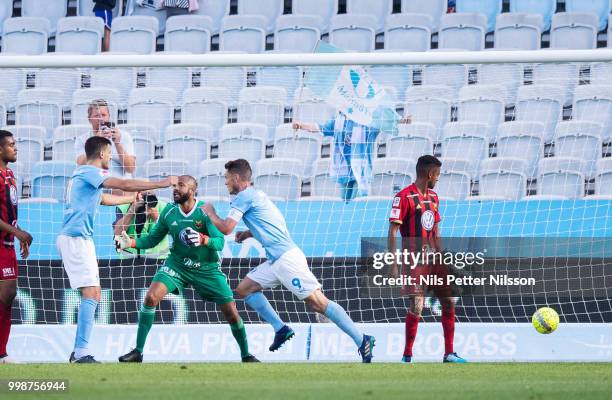 Markus Rosenberg of Malmo FF scores the opening goal to 1-0 during the Allsvenskan match between Malmo FF and Ostersunds FK at Malmo Stadion on July...