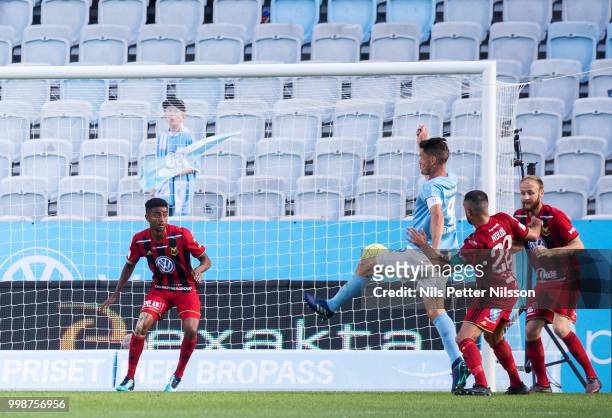 Markus Rosenberg of Malmo FF scores the opening goal to 1-0 during the Allsvenskan match between Malmo FF and Ostersunds FK at Malmo Stadion on July...
