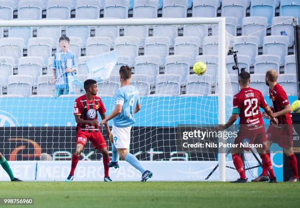 Markus Rosenberg of Malmo FF scores the opening goal to 1-0 during the Allsvenskan match between Malmo FF and Ostersunds FK at Malmo Stadion on July...