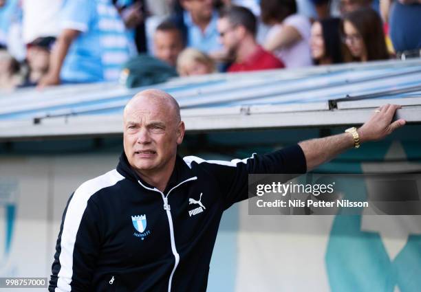 Uwe Rosler, head coach of Malmo FF during the Allsvenskan match between Malmo FF and Ostersunds FK at Malmo Stadion on July 14, 2018 in Malmo, Sweden.