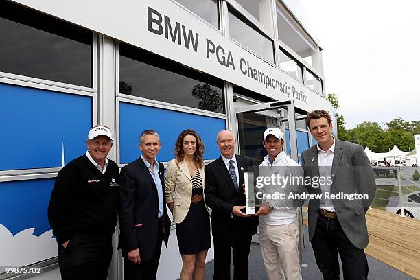 Colin Montgomerie, Gary Lineker, Amy Williams, Managing Director of BMW UK Tim Abbott, Paul Casey and James Cracknell pose with the trophy prior to...