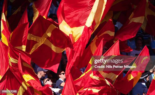 Fans of Malmo FF during the Allsvenskan match between Malmo FF and Ostersunds FK at Malmo Stadion on July 14, 2018 in Malmo, Sweden.