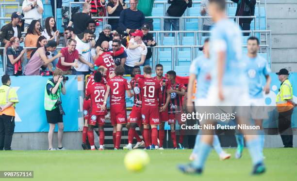 Saman Ghoddos of Ostersunds FK celebrates after scoring to 1-1 during the Allsvenskan match between Malmo FF and Ostersunds FK at Malmo Stadion on...