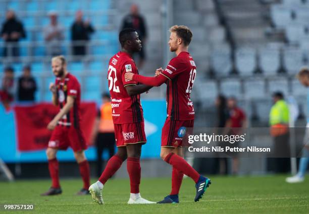 Patrick Kpozo and Dennis Widgren of Ostersunds FK after the Allsvenskan match between Malmo FF and Ostersunds FK at Malmo Stadion on July 14, 2018 in...