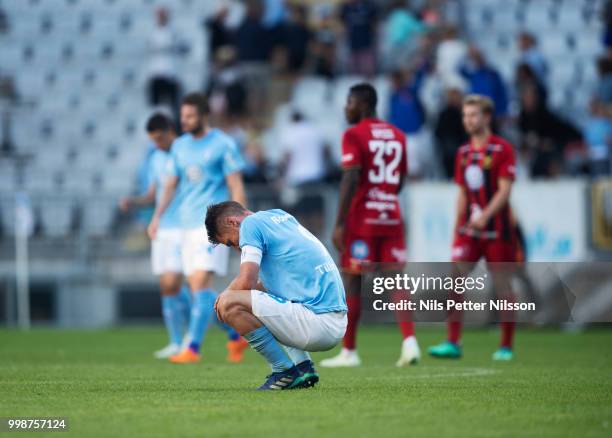 Markus Rosenberg of Malmo FF dejected after the Allsvenskan match between Malmo FF and Ostersunds FK at Malmo Stadion on July 14, 2018 in Malmo,...