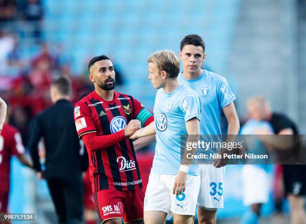 Saman Ghoddos of Ostersunds FK and Oscar Lewicki of Malmo FF after the Allsvenskan match between Malmo FF and Ostersunds FK at Malmo Stadion on July...