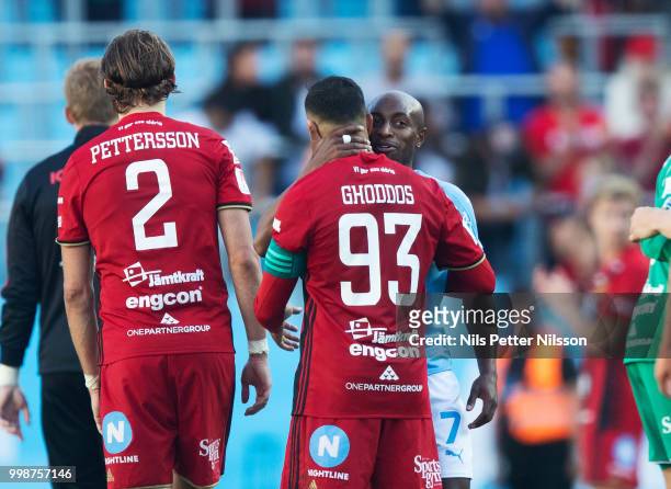 Saman Ghoddos of Ostersunds FK and Fouad Bachirou of Malmo FF after the Allsvenskan match between Malmo FF and Ostersunds FK at Malmo Stadion on July...