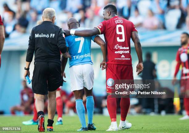 Fouad Bachirou of Malmo FF and Alhaji Gero of Ostersunds FK during the Allsvenskan match between Malmo FF and Ostersunds FK at Malmo Stadion on July...