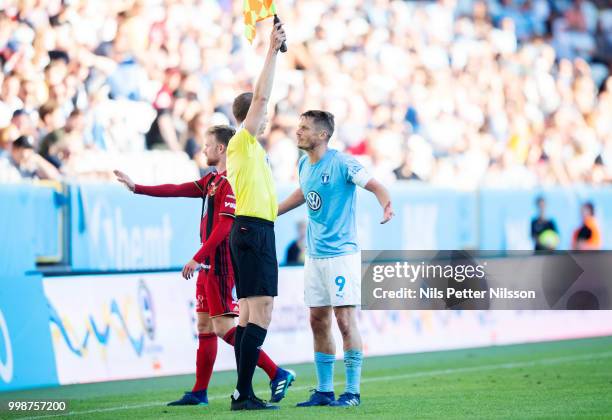 Markus Rosenberg of Malmo FF reacts towards a linesman during the Allsvenskan match between Malmo FF and Ostersunds FK at Malmo Stadion on July 14,...