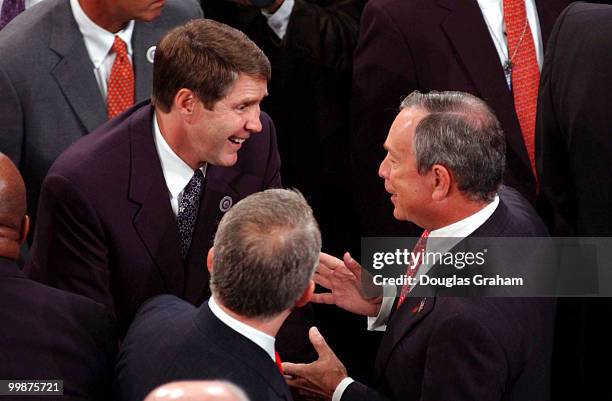 Sen. William H. Frist, R-Tenn., left, speaks to New York Mayor Michael Bloomberg on the floor of Federal Hall before the start of the Commemorative...